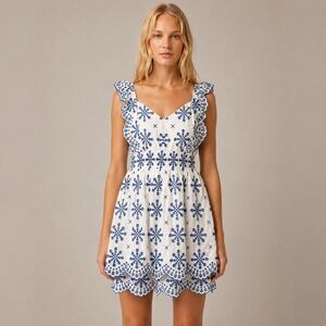 Hale Bob Dress Eyelet Lace Ruffle Embroidery White Blue Boho Angel Size Medium